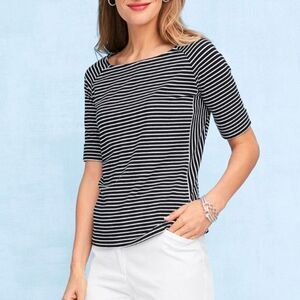 Talbots Black White Striped Boat Neck Top Size L Large Stretch Preppy Nautical